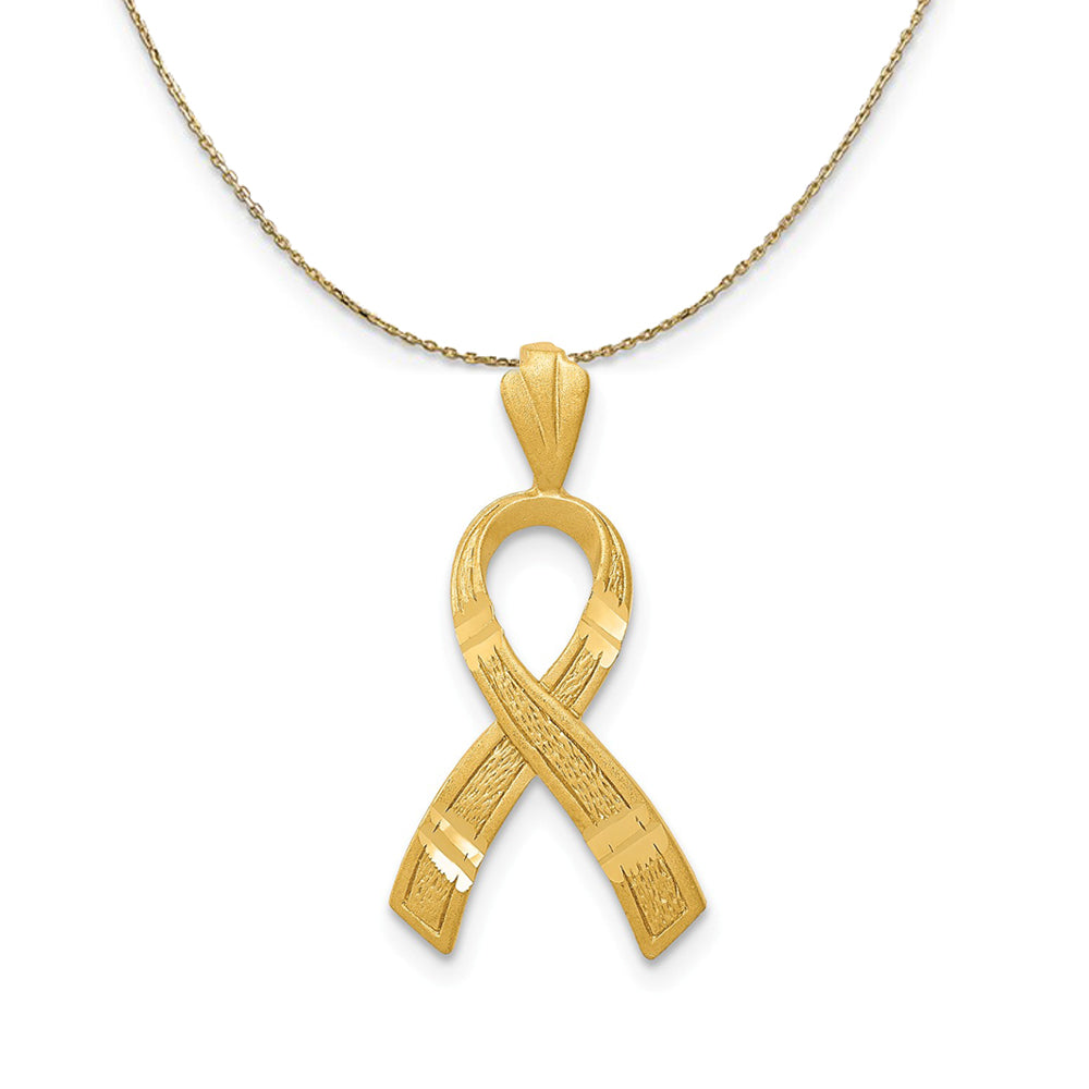 14k Yellow Gold Satin &amp; Diamond Cut Awareness Ribbon Necklace, Item N24247 by The Black Bow Jewelry Co.