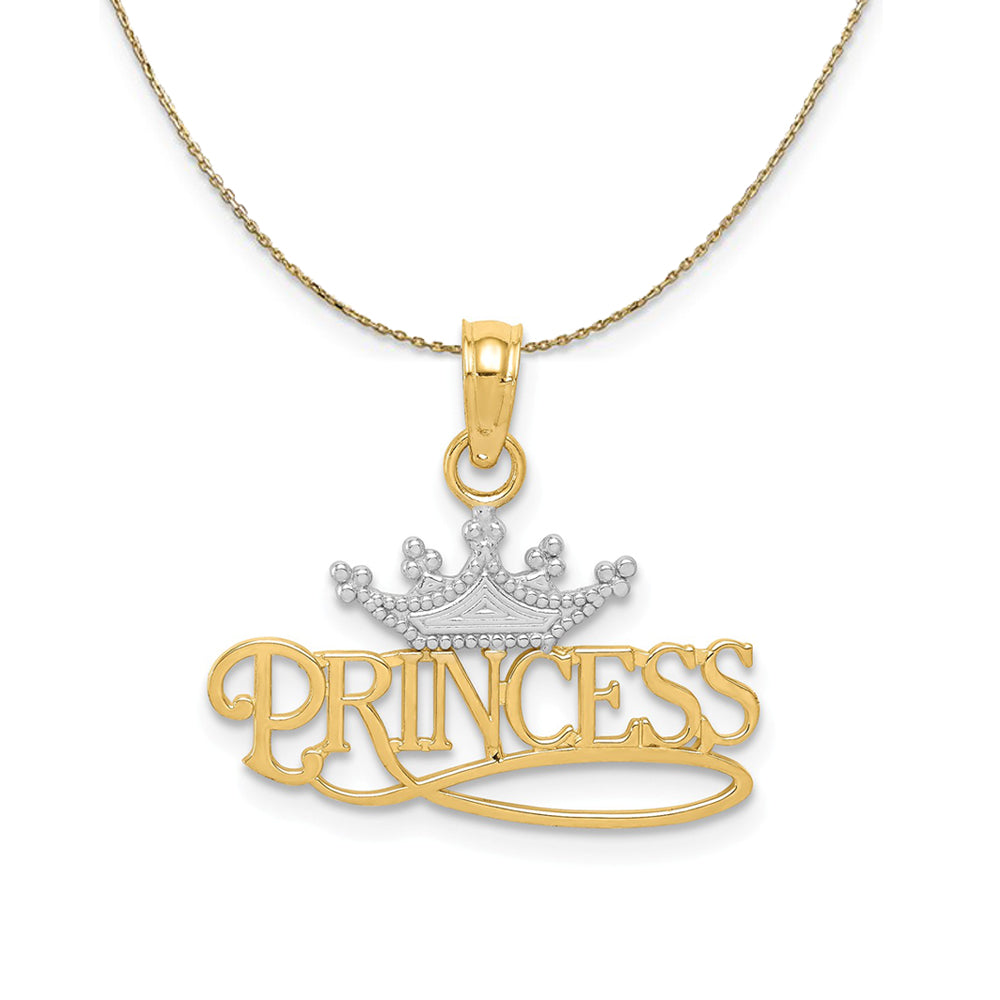 14k Yellow Gold & Rhodium Crown Princess Script Necklace - The