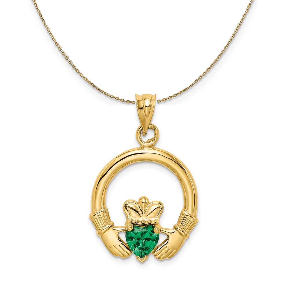 14k Yellow Gold &amp; Green CZ Claddagh Necklace, Item N24349 by The Black Bow Jewelry Co.