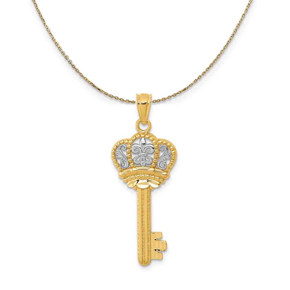 14k Yellow Gold & Rhodium Fleur De Lis Crown Key Necklace - The Black Bow  Jewelry Company
