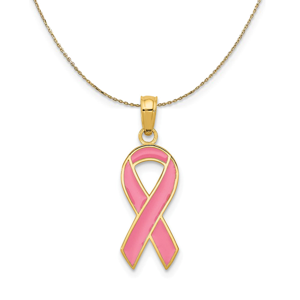 14k Yellow Gold &amp; Pink Enamel Awareness Ribbon Necklace, Item N24400 by The Black Bow Jewelry Co.