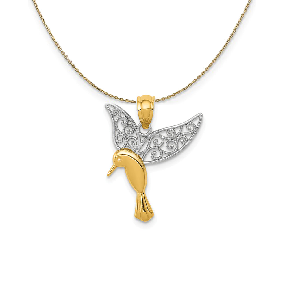Black Bow Jewelry 14k Yellow Gold Filigree Hummingbird Necklace 16 Inch 
