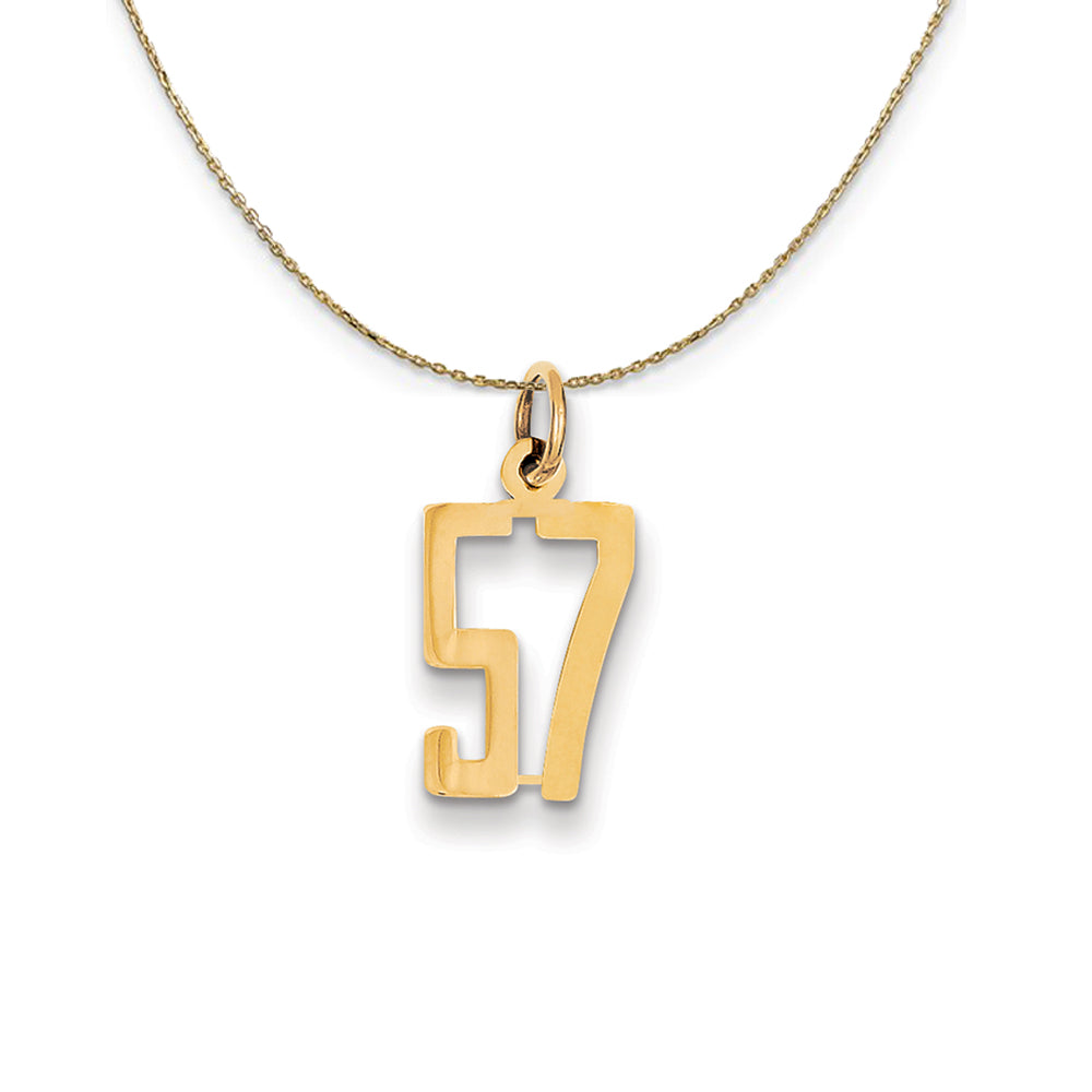 14k Yellow Gold, Alumni Small Elongated Number 57 Necklace, Item N24689 by The Black Bow Jewelry Co.