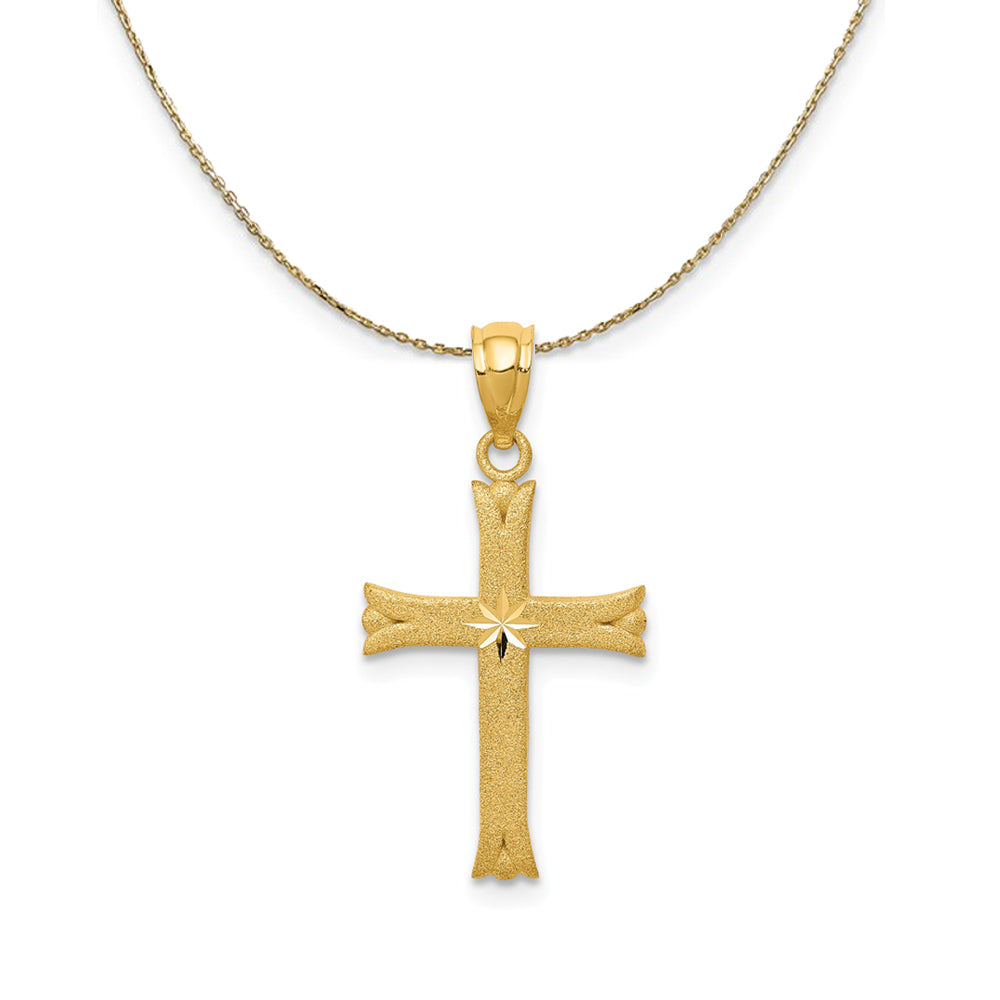 14k Yellow Gold Satin Budded Cross Necklace, Item N24836 by The Black Bow Jewelry Co.