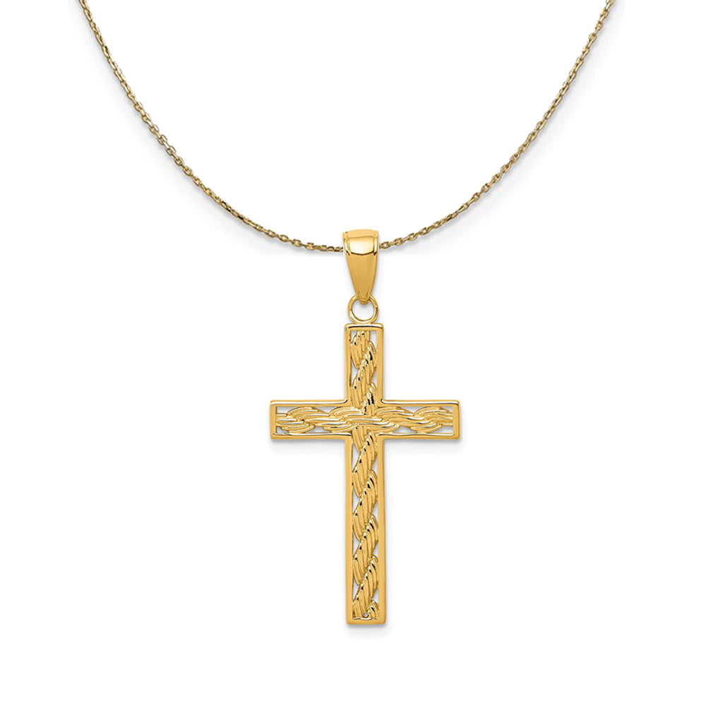 14k Yellow Gold, Rope, Latin Cross Necklace - Black Bow Jewelry