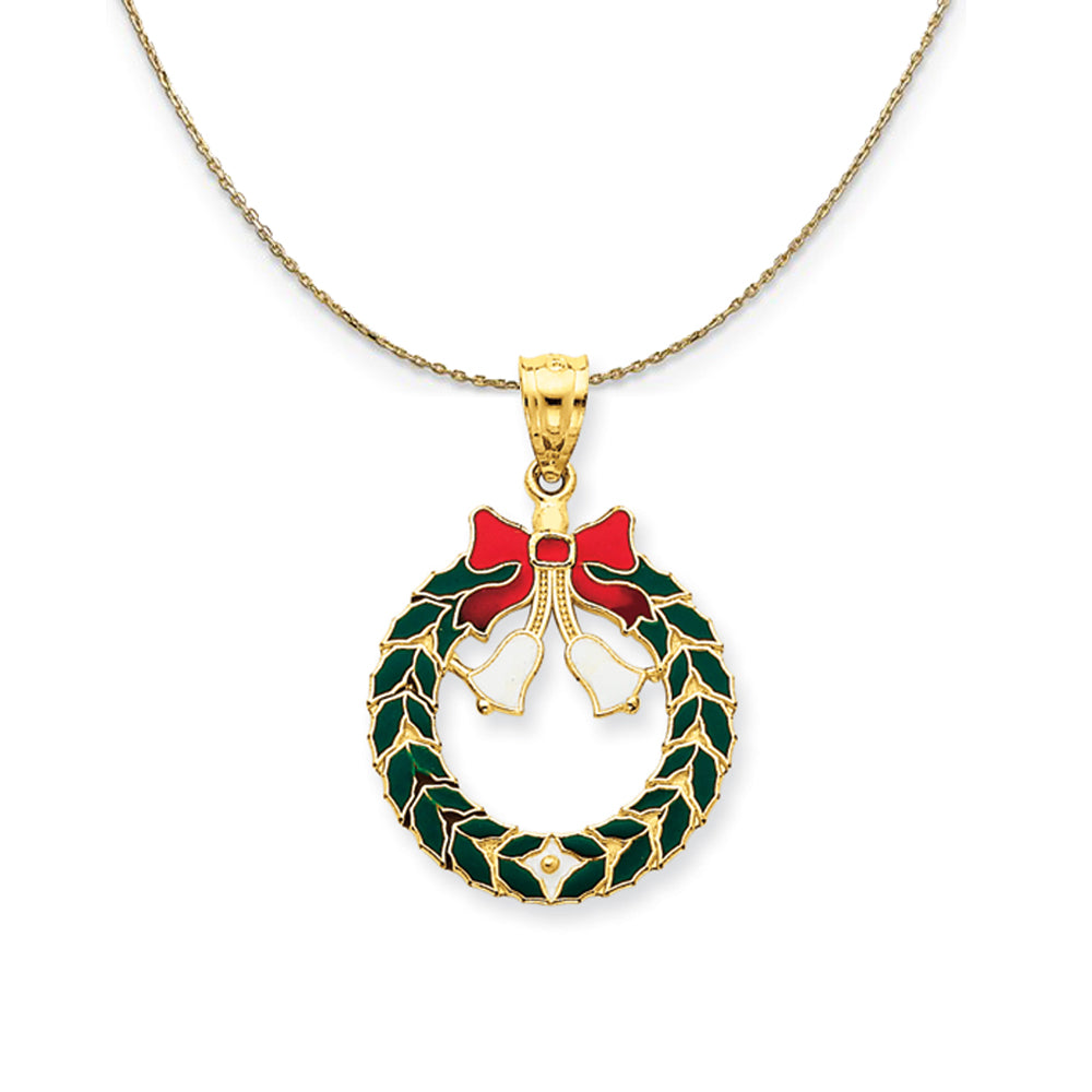 14k Yellow Gold, Enameled Christmas Wreath Necklace, Item N24899 by The Black Bow Jewelry Co.