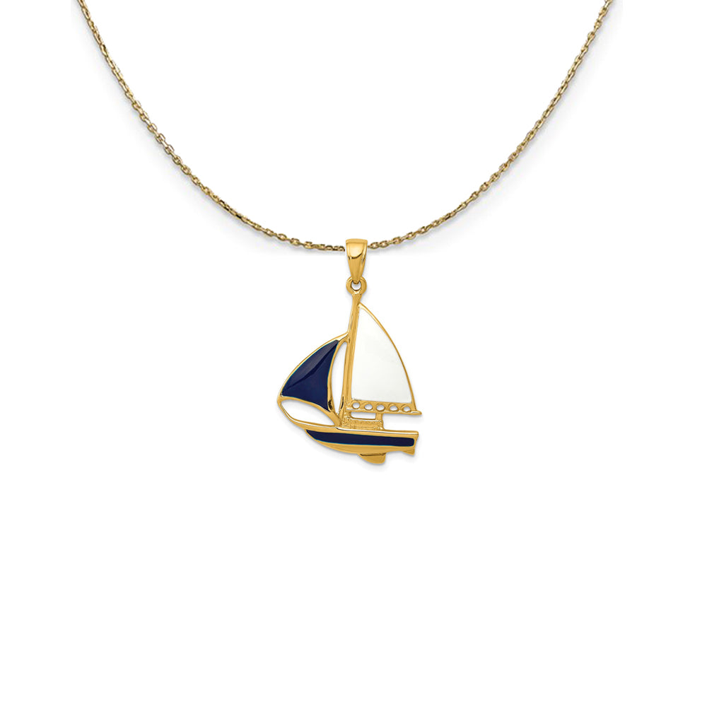 14k Yellow Gold, Blue and White Enameled 2D Sailboat Necklace, Item N24980 by The Black Bow Jewelry Co.