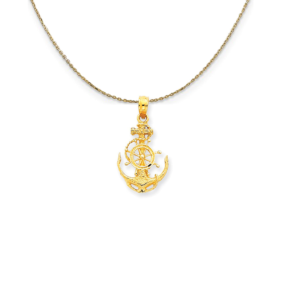 14k Yellow Gold Small Anchor, Ship&#39;s Wheel and Rope Necklace, Item N25013 by The Black Bow Jewelry Co.