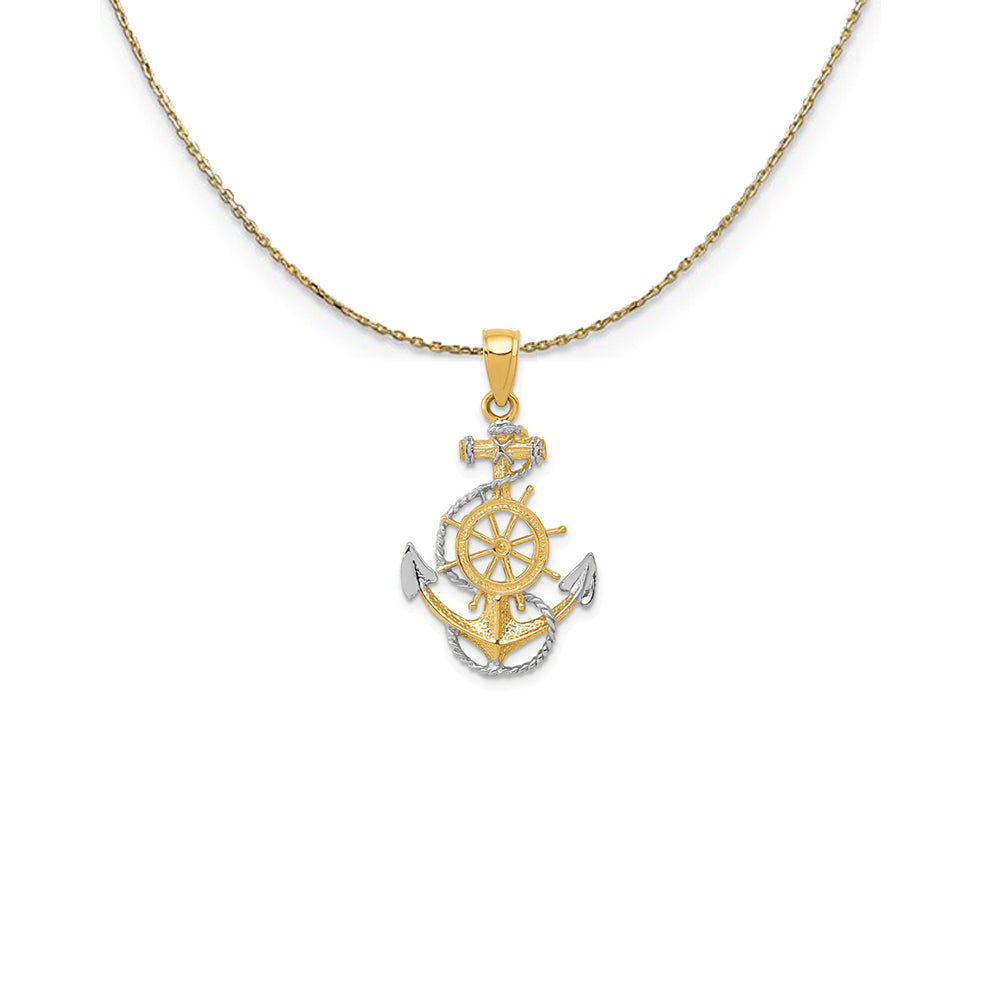 14k Yellow Gold &amp; Rhodium Anchor, Ship&#39;s Wheel &amp; Rope Necklace, Item N25014 by The Black Bow Jewelry Co.