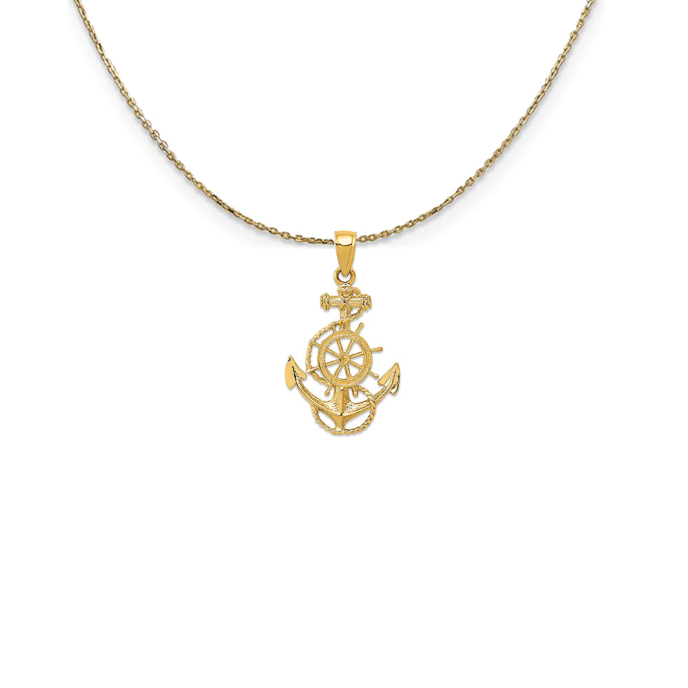 14k Yellow Gold 2D Anchor, Ship&#39;s Wheel and Rope Necklace, Item N25018 by The Black Bow Jewelry Co.