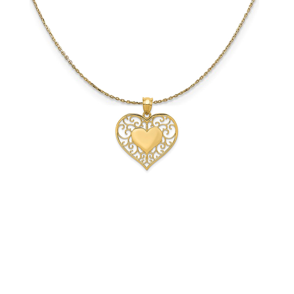 14k Yellow Gold Heart in Heart Filigree Necklace, Item N25043 by The Black Bow Jewelry Co.