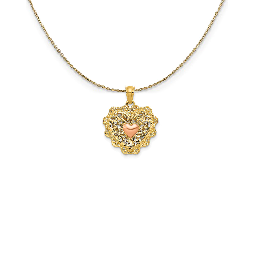 14k Two Tone Gold 16mm Reversible Filigree Heart Necklace, Item N25057 by The Black Bow Jewelry Co.