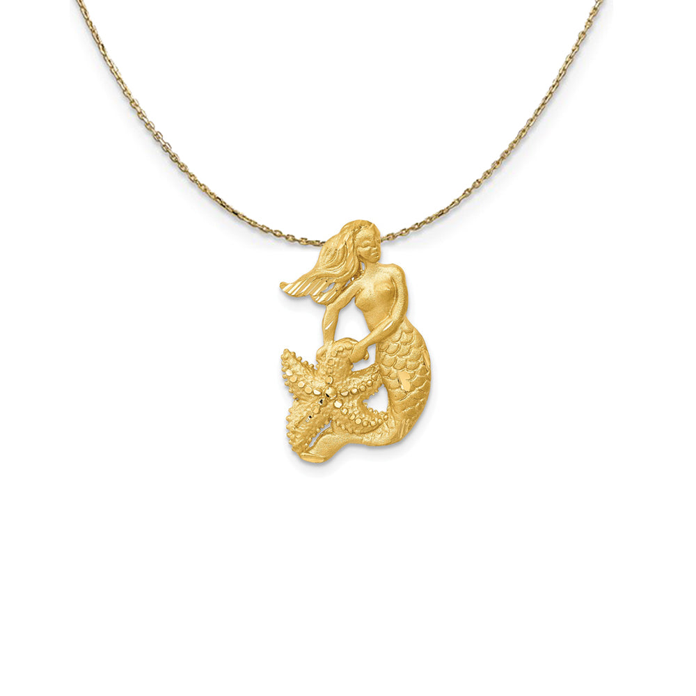 14k Yellow Gold Diamond Cut Mermaid with Sea Star Necklace, Item N25096 by The Black Bow Jewelry Co.