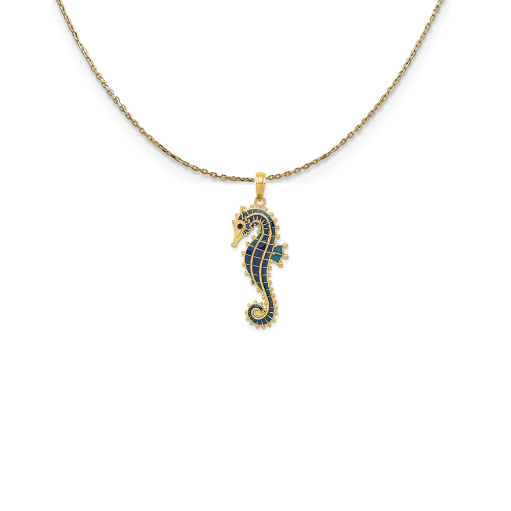 14k Yellow Gold Large Blue Enameled Seahorse Necklace