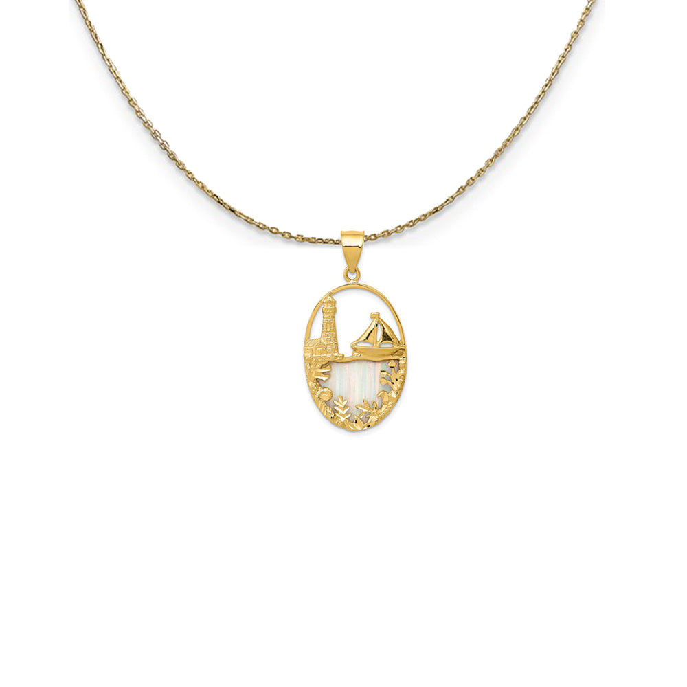 14k Yellow Gold Imitation Opal Lighthouse Sailboat Necklace, Item N25194 by The Black Bow Jewelry Co.