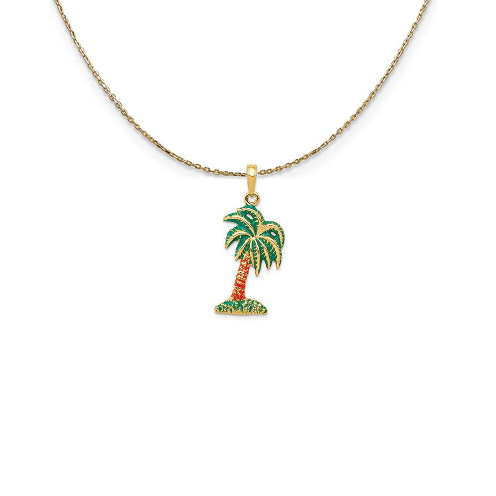 18K Yellow Gold Kabana Opal Inlay and Diamond Palm Tree Pendant and Chain