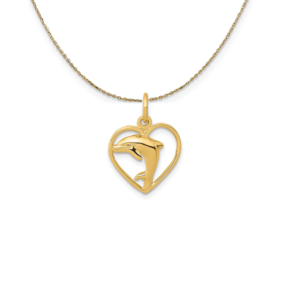 14k Yellow Gold 13mm Dolphin and Heart Necklace, Item N25274 by The Black Bow Jewelry Co.