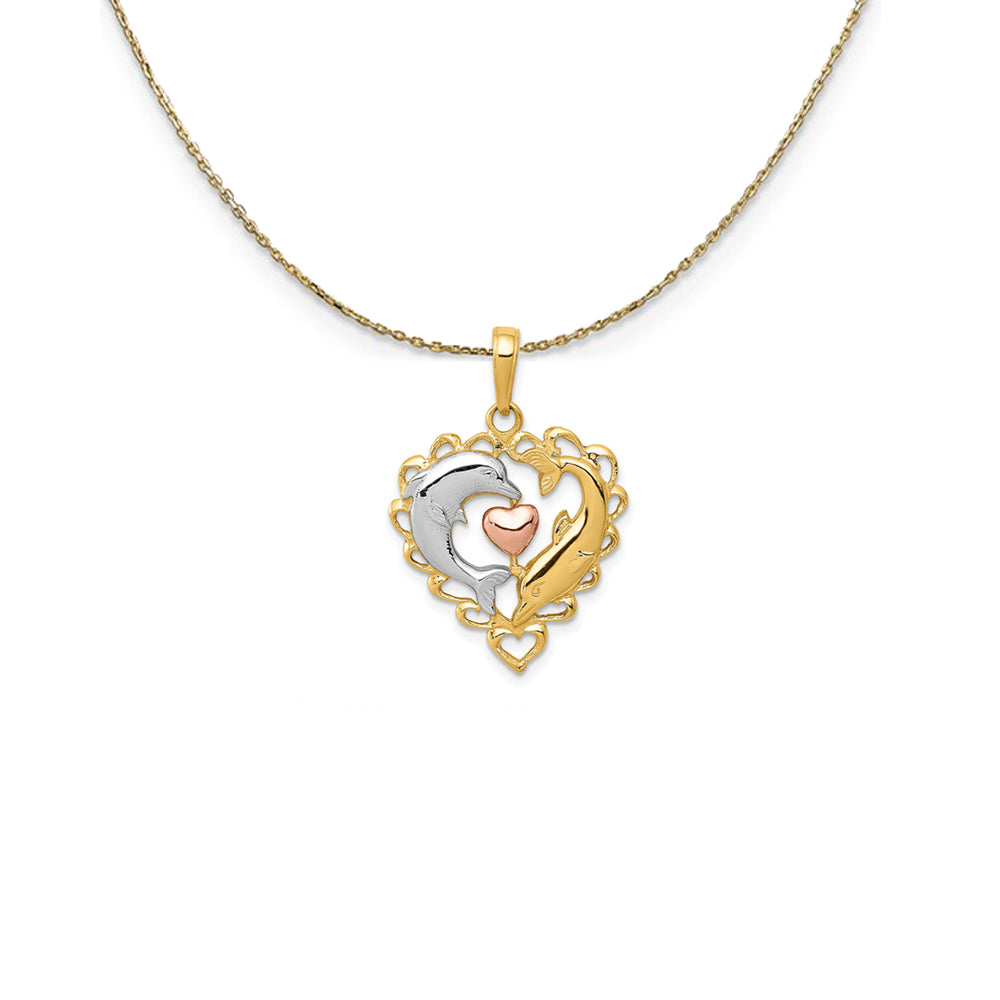 14k Yellow & Rose Gold Rhodium Double Dolphin Heart Necklace, Item N25276 by The Black Bow Jewelry Co.