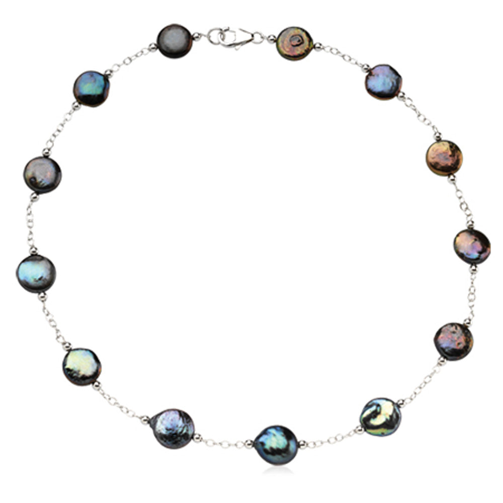 12-13mm Black FW Cultured Coin Pearl &amp; Sterling Silver 18-In Necklace, Item N8182 by The Black Bow Jewelry Co.
