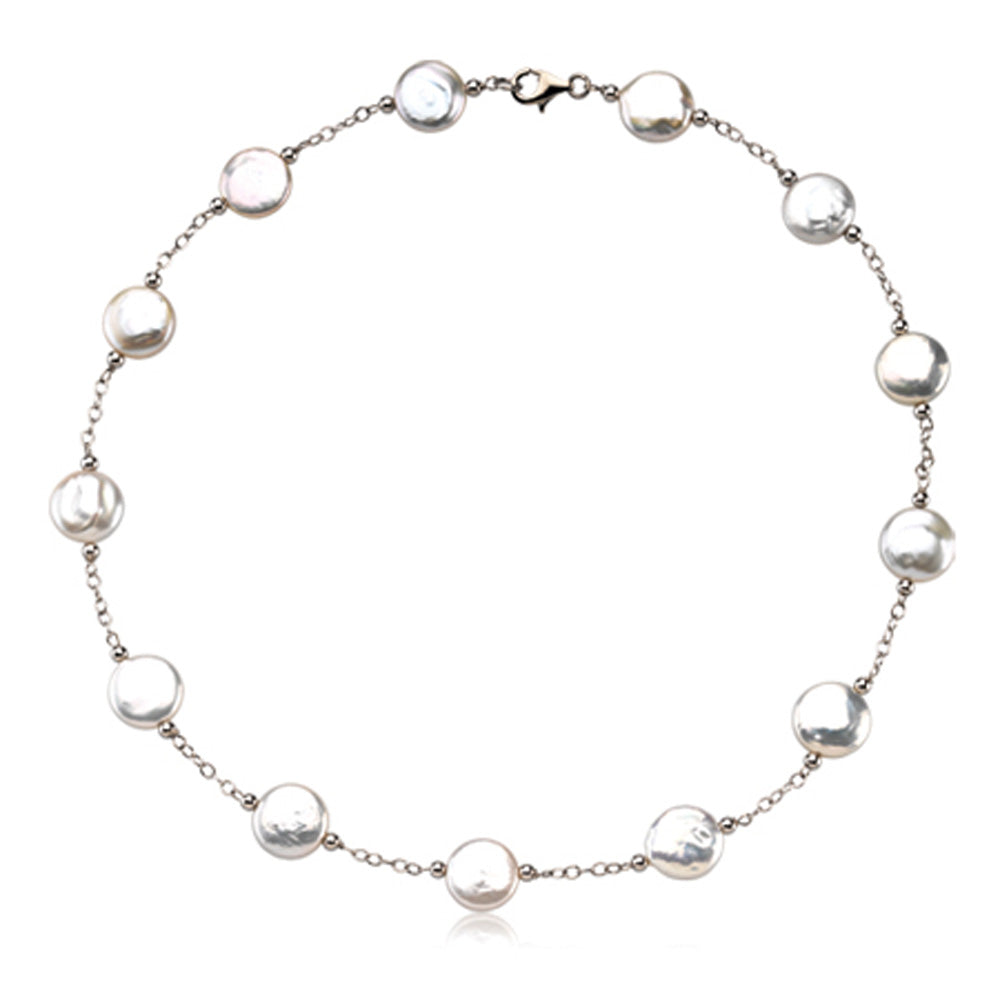 12-13mm White FW Cultured Coin Pearl &amp; Sterling Silver 18-In Necklace, Item N8183 by The Black Bow Jewelry Co.