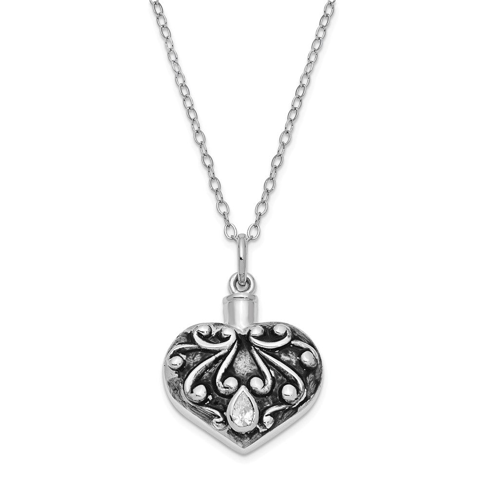 Rhodium Plated Sterling Silver &amp; CZ Heart Ash Holder Necklace, 18 Inch, Item N8316 by The Black Bow Jewelry Co.