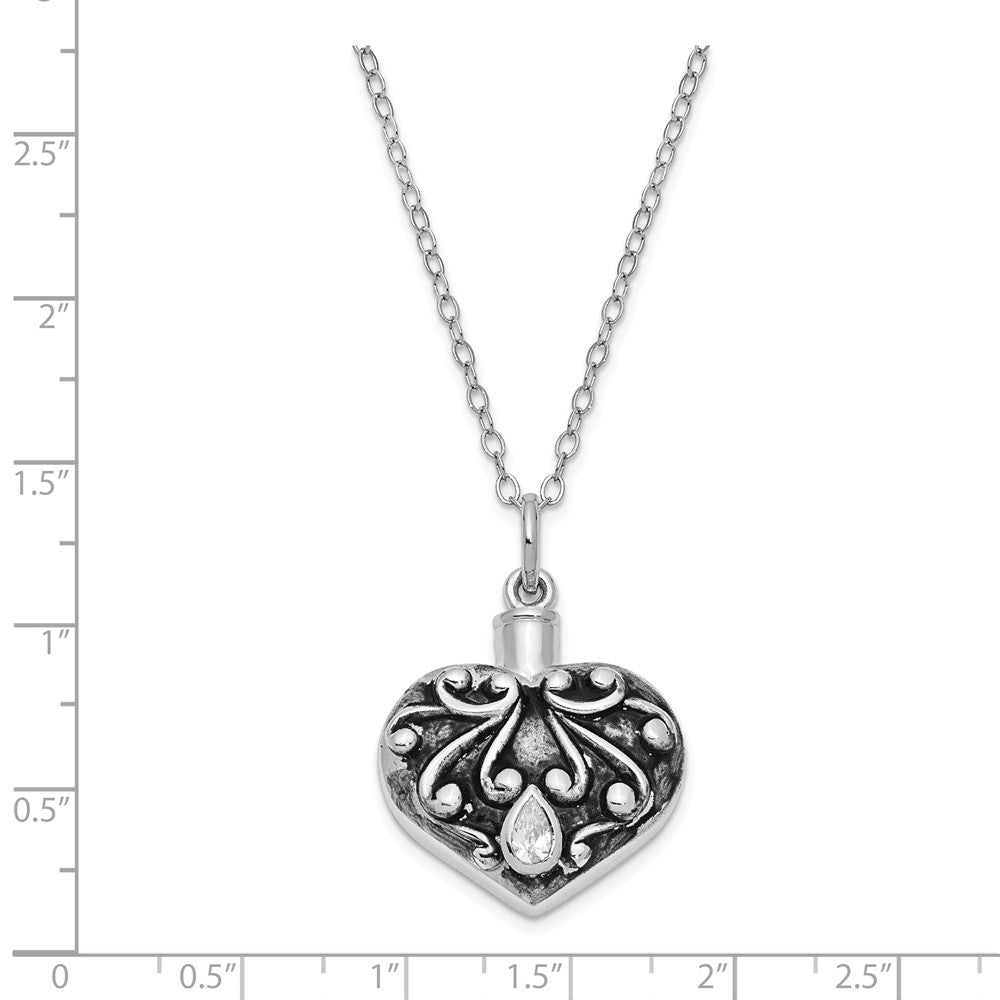 Alternate view of the Rhodium Plated Sterling Silver &amp; CZ Heart Ash Holder Necklace, 18 Inch by The Black Bow Jewelry Co.