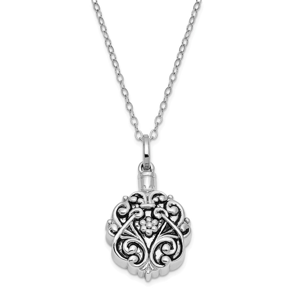 Rhodium Plated Sterling Silver Scroll Ash Holder Necklace, 18 Inch, Item N8319 by The Black Bow Jewelry Co.