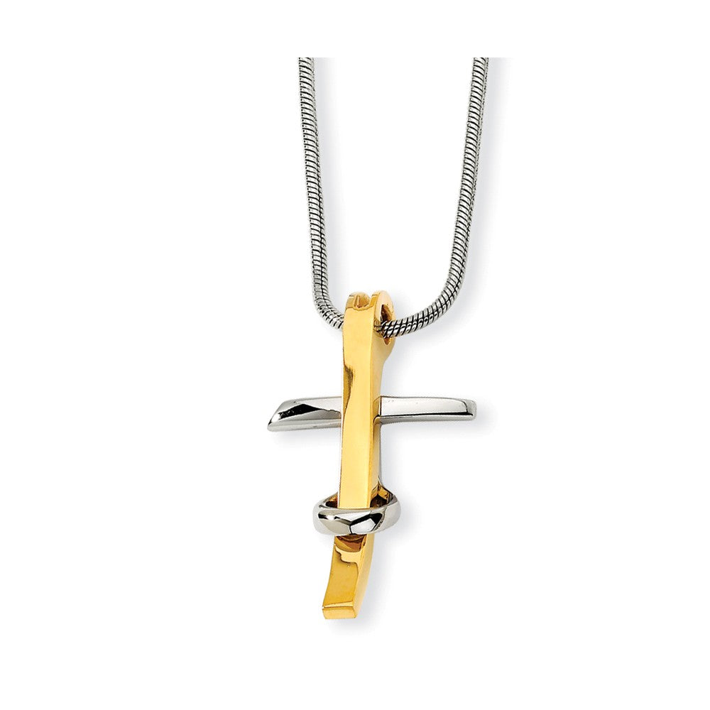 Stainless Steel and Gold Tone Cross and Snake Chain Necklace - 18 Inch, Item N8449 by The Black Bow Jewelry Co.