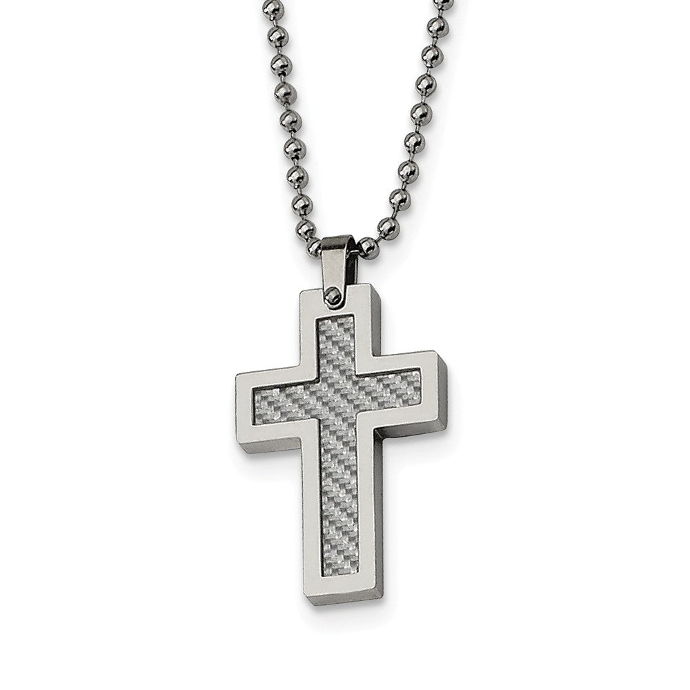 Stainless Steel and Grey Carbon Fiber Cross Necklace, Item N8462 by The Black Bow Jewelry Co.
