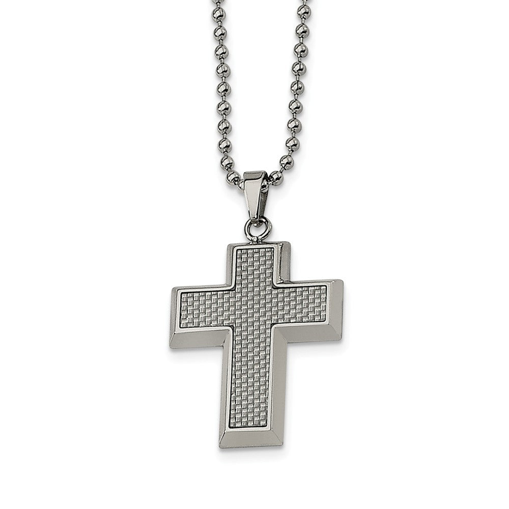 Stainless Steel and Carbon Fiber Cross and Beaded Chain Necklace, Item N8464 by The Black Bow Jewelry Co.