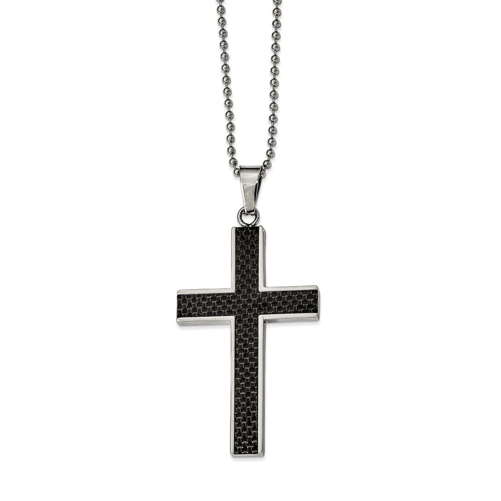 Stainless Steel and Black Carbon Fiber Cross Necklace, Item N8481 by The Black Bow Jewelry Co.