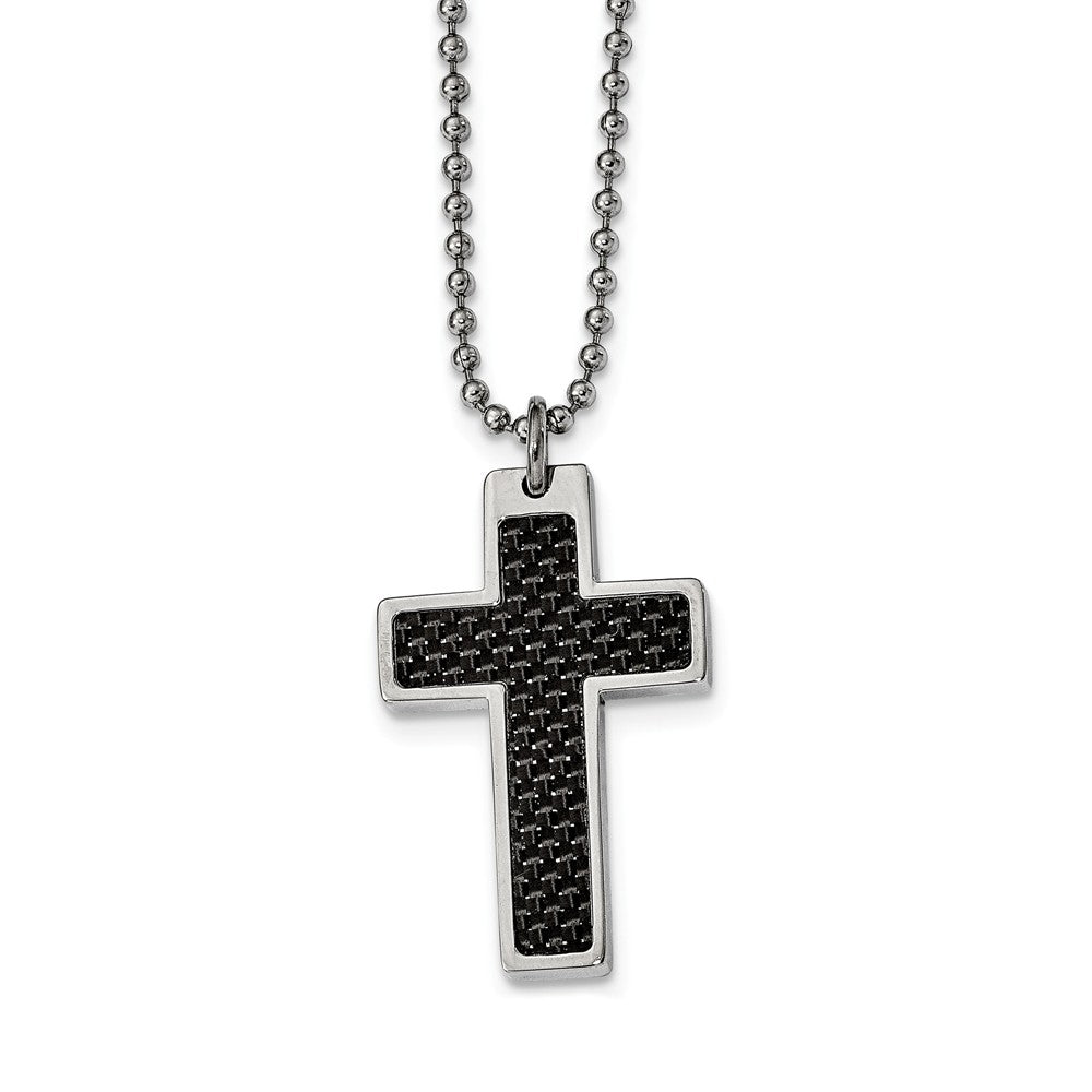 Steel and Black Carbon Fiber Cross and Beaded Chain Necklace - 20