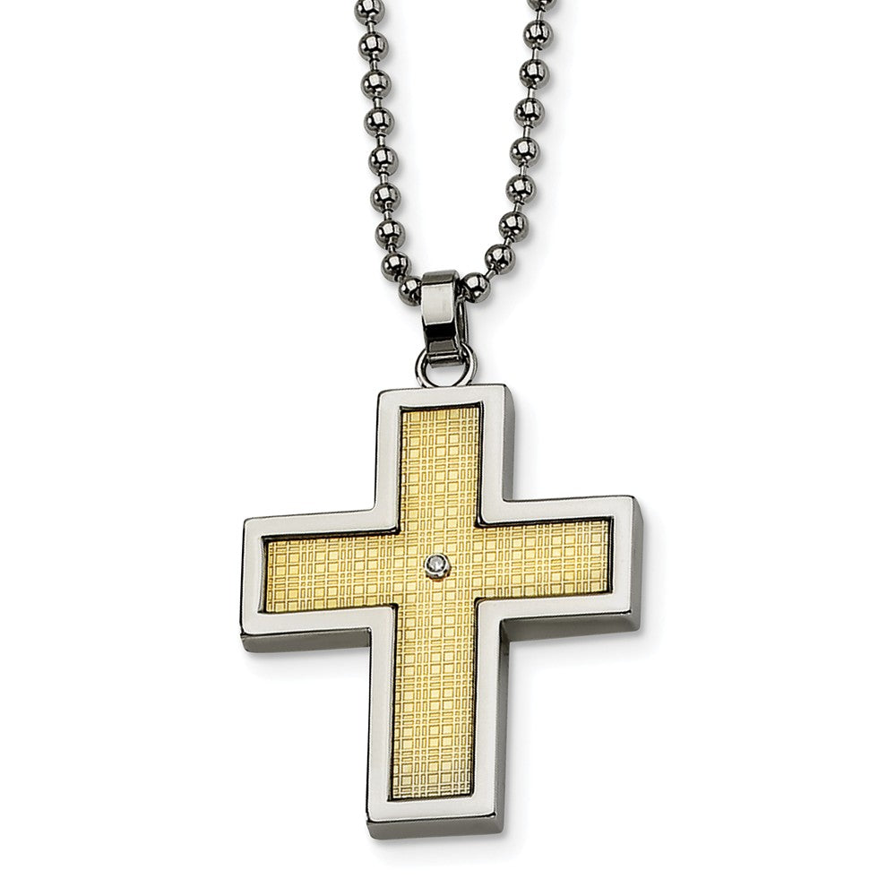 Stainless Steel, 14k Gold and Diamond Accent Cross Necklace - The