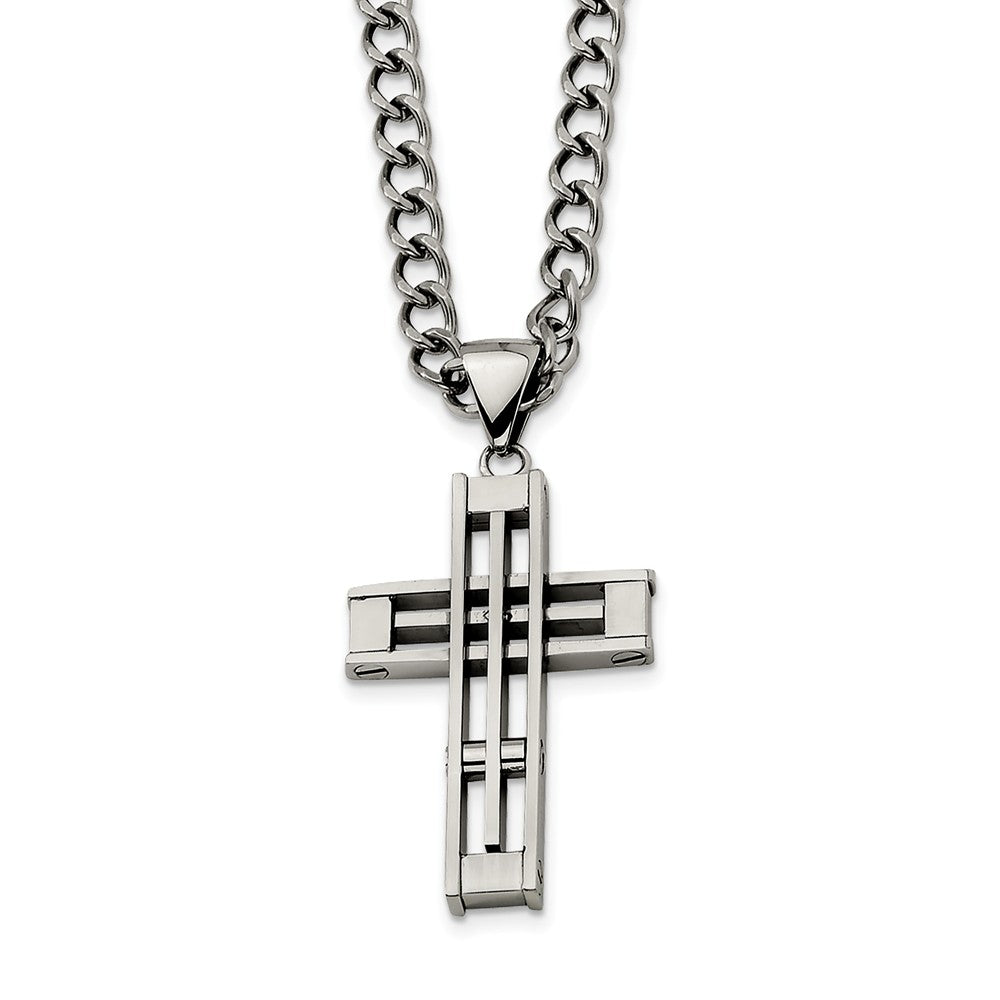 Stainless Steel Cross and 5mm Curb Chain Necklace - 22 Inch, Item N8487 by The Black Bow Jewelry Co.