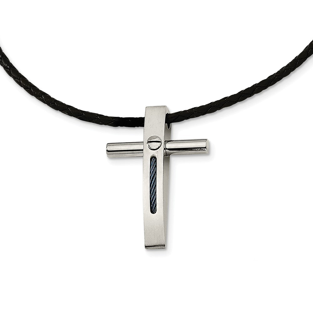 Stainless Steel Blue Rope Accent Cross Necklace, Item N8488 by The Black Bow Jewelry Co.