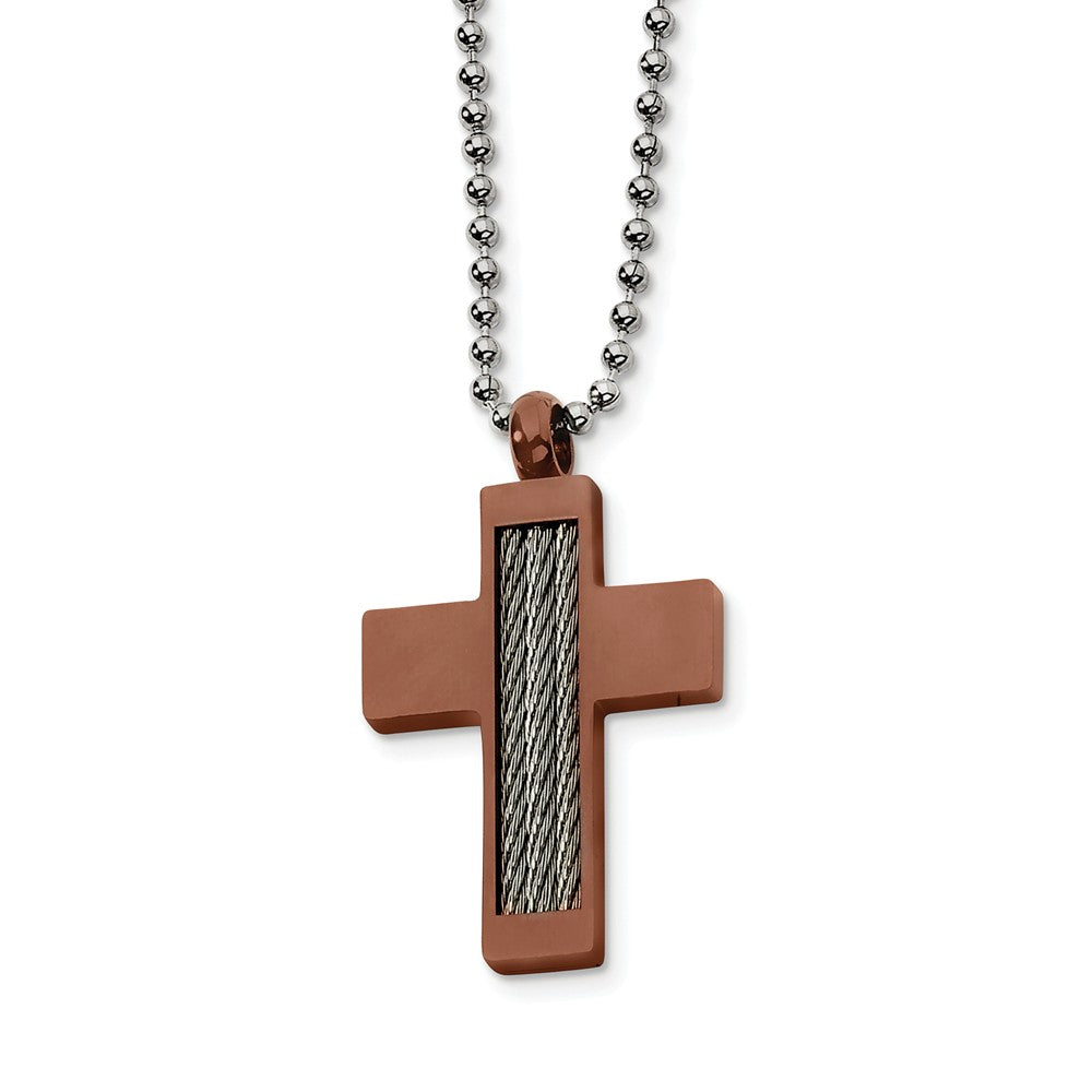 Stainless Steel and Cognac Accent Cross Necklace, Item N8495 by The Black Bow Jewelry Co.