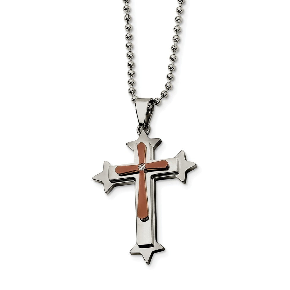 Stainless Steel, Cognac Accent and Cubic Zirconia Cross Necklace, Item N8496 by The Black Bow Jewelry Co.