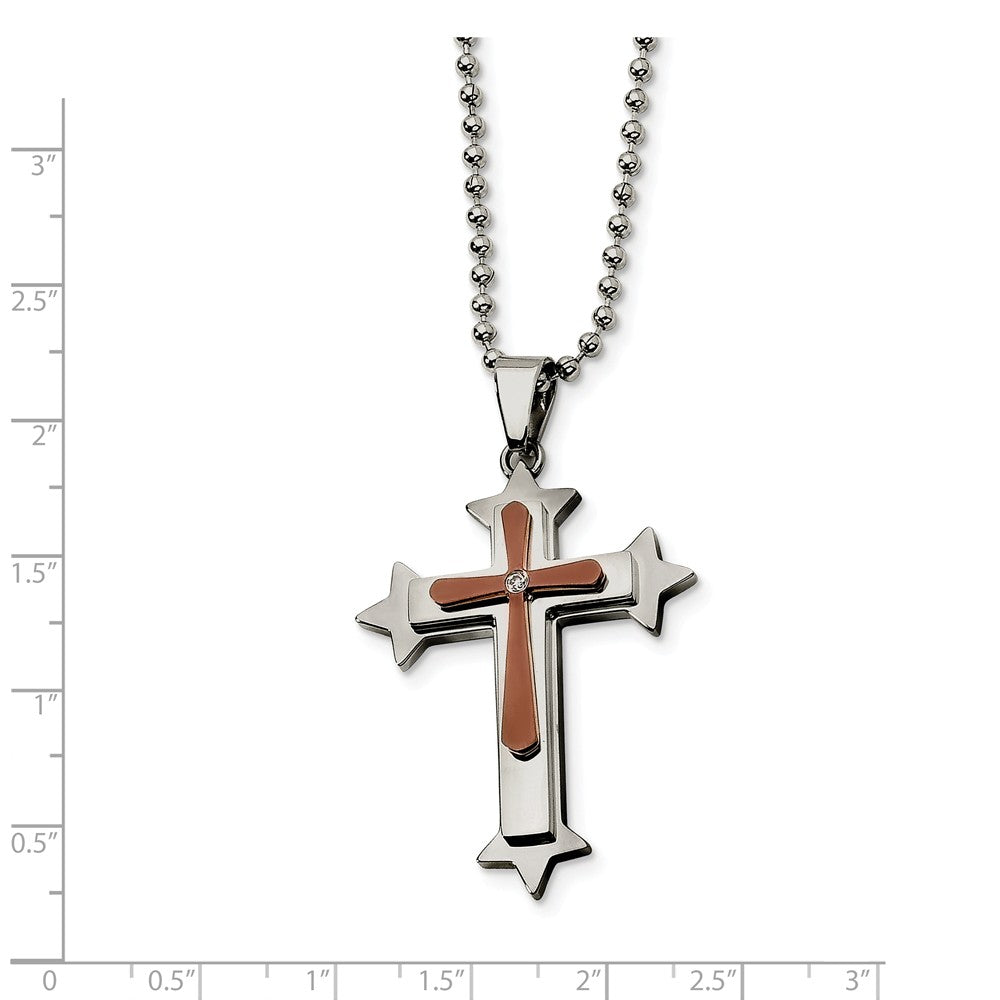 Alternate view of the Stainless Steel, Cognac Accent and Cubic Zirconia Cross Necklace by The Black Bow Jewelry Co.