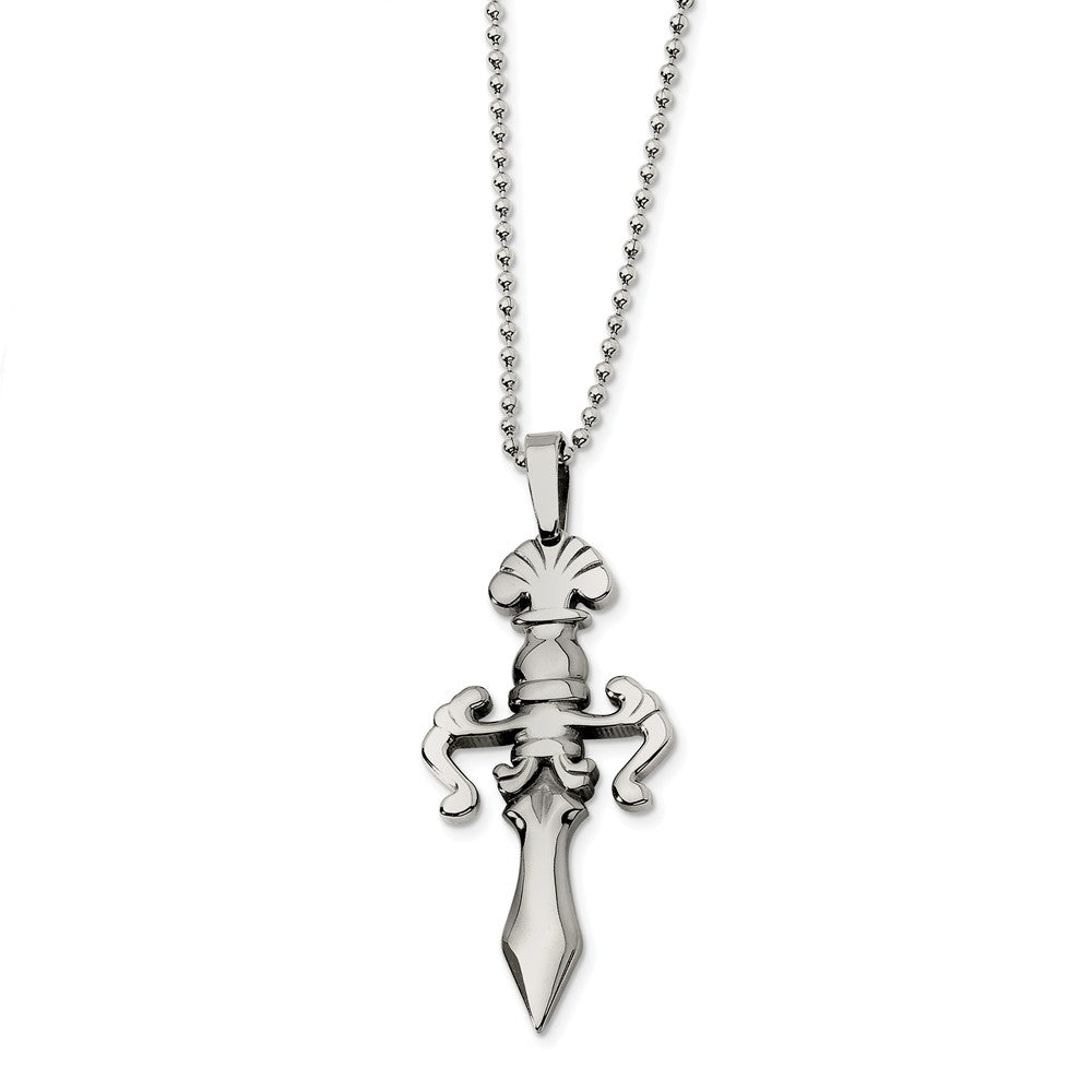 Men&#39;s Steel Fleur de lis Dagger Beaded Chain Necklace - 24 Inch, Item N8498 by The Black Bow Jewelry Co.