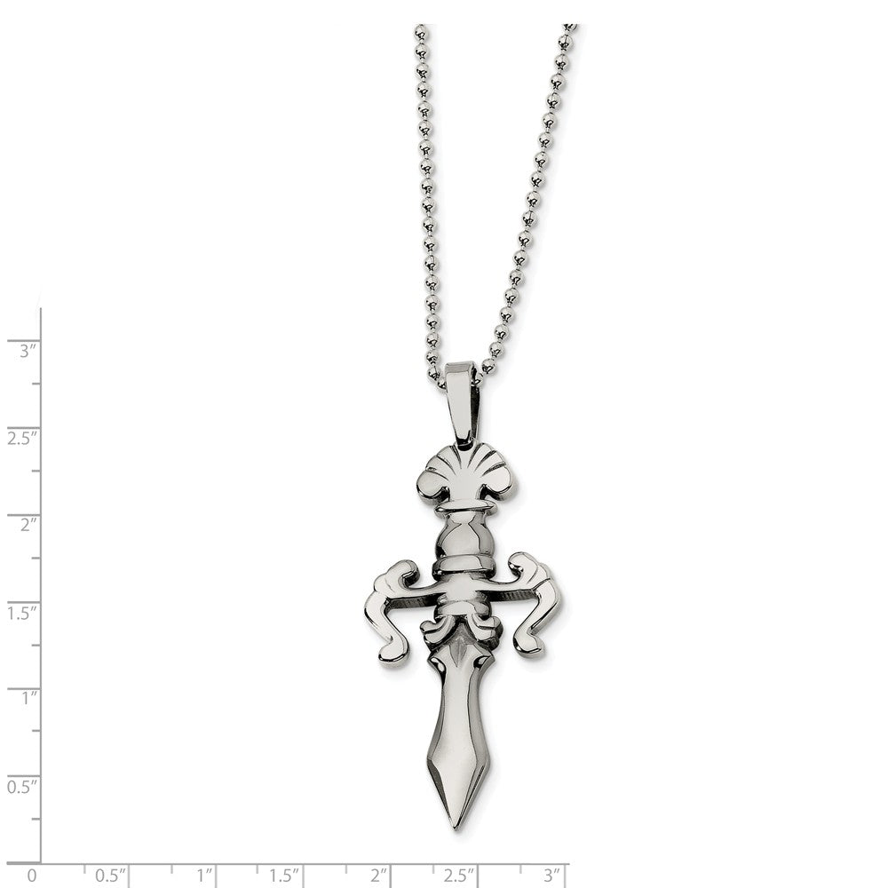 Alternate view of the Men&#39;s Steel Fleur de lis Dagger Beaded Chain Necklace - 24 Inch by The Black Bow Jewelry Co.
