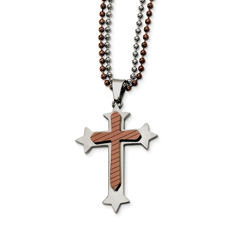 Men&#39;s Stainless Steel and Cognac Accent Cross Necklace, Item N8499 by The Black Bow Jewelry Co.