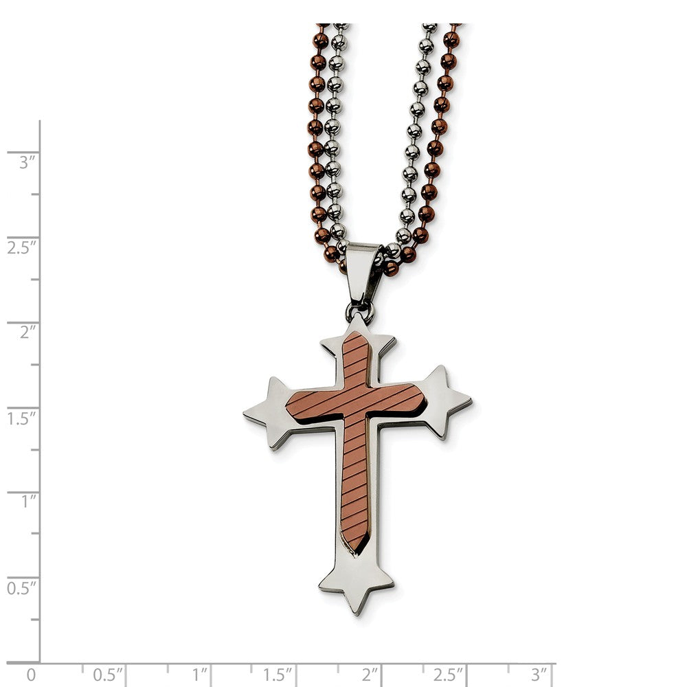 Alternate view of the Men&#39;s Stainless Steel and Cognac Accent Cross Necklace by The Black Bow Jewelry Co.