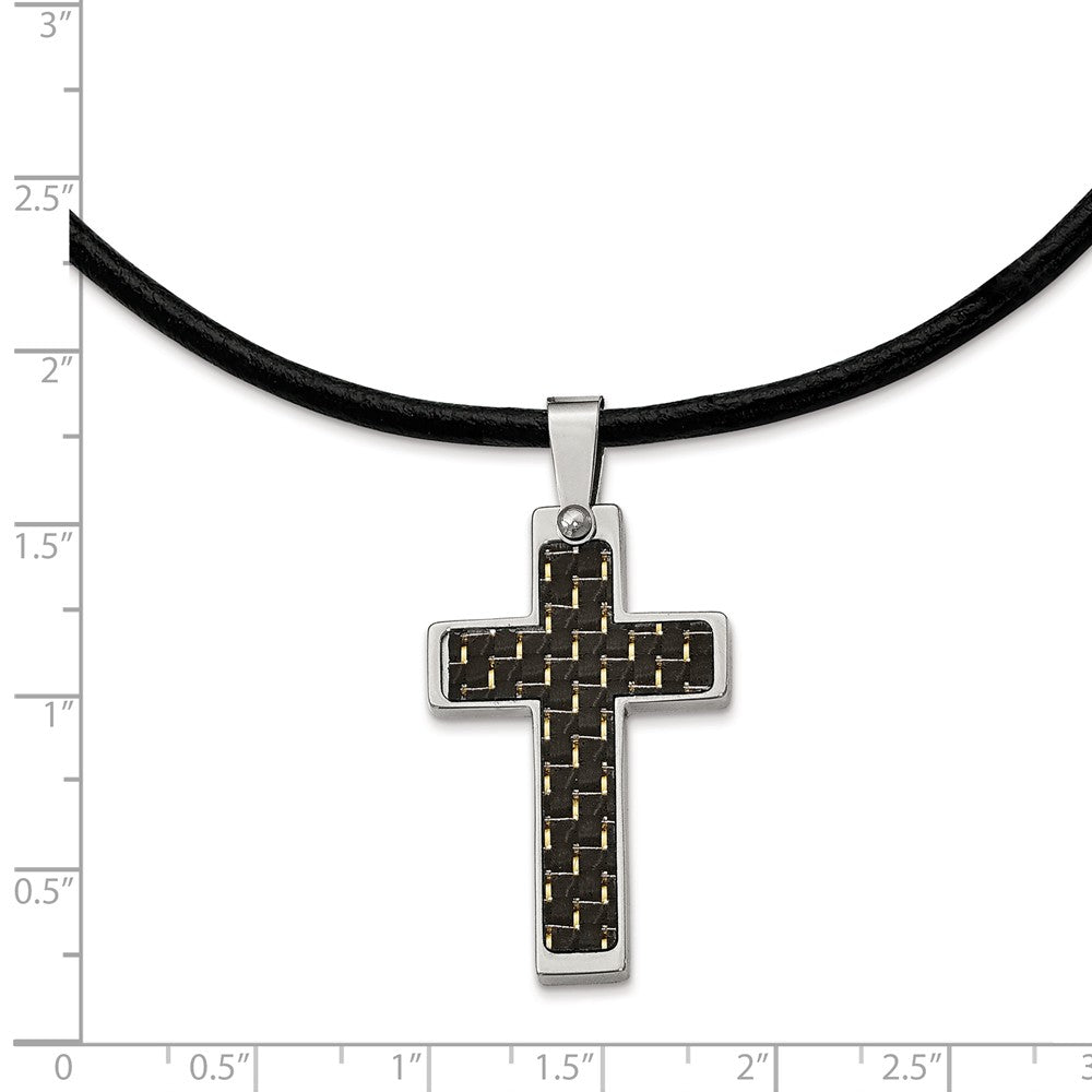 Alternate view of the Stainless Steel and Black Carbon Fiber Cross and Leather Cord Necklace by The Black Bow Jewelry Co.