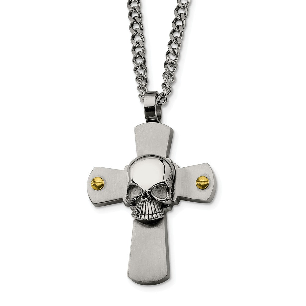 Men&#39;s Stainless Steel Skull on Cross Necklace, Item N8516 by The Black Bow Jewelry Co.