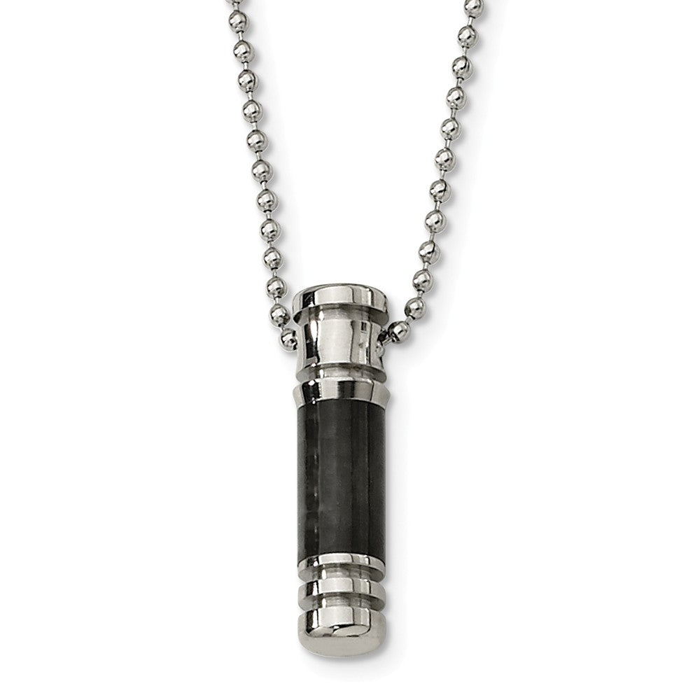 Stainless Steel Carbon Fiber Cylinder Necklace, Item N8545 by The Black Bow Jewelry Co.