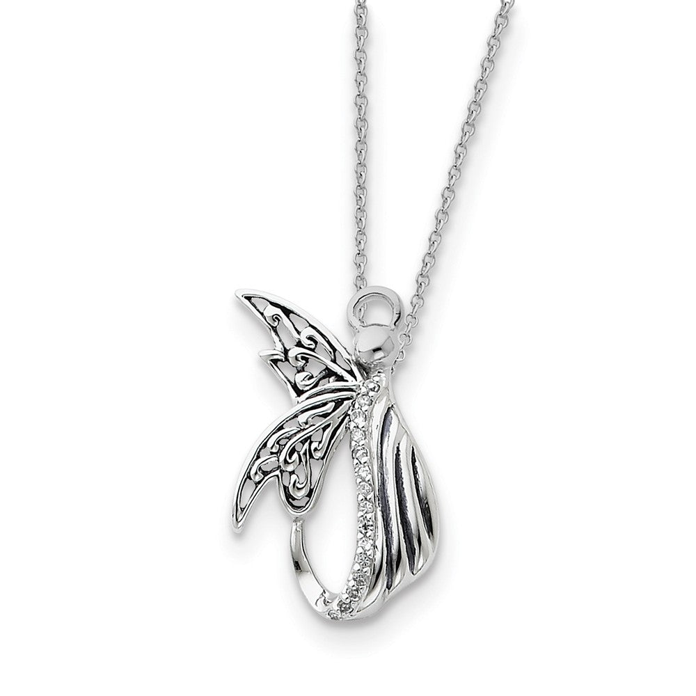 Rhodium Plated Sterling Silver &amp; CZ Angel of Perseverance Necklace, Item N8634 by The Black Bow Jewelry Co.