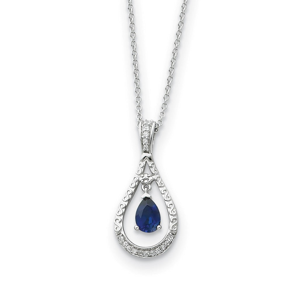 Rhodium Sterling Silver Sept. CZ &amp; Cr. Sapphire Never Forget Necklace, Item N8665 by The Black Bow Jewelry Co.