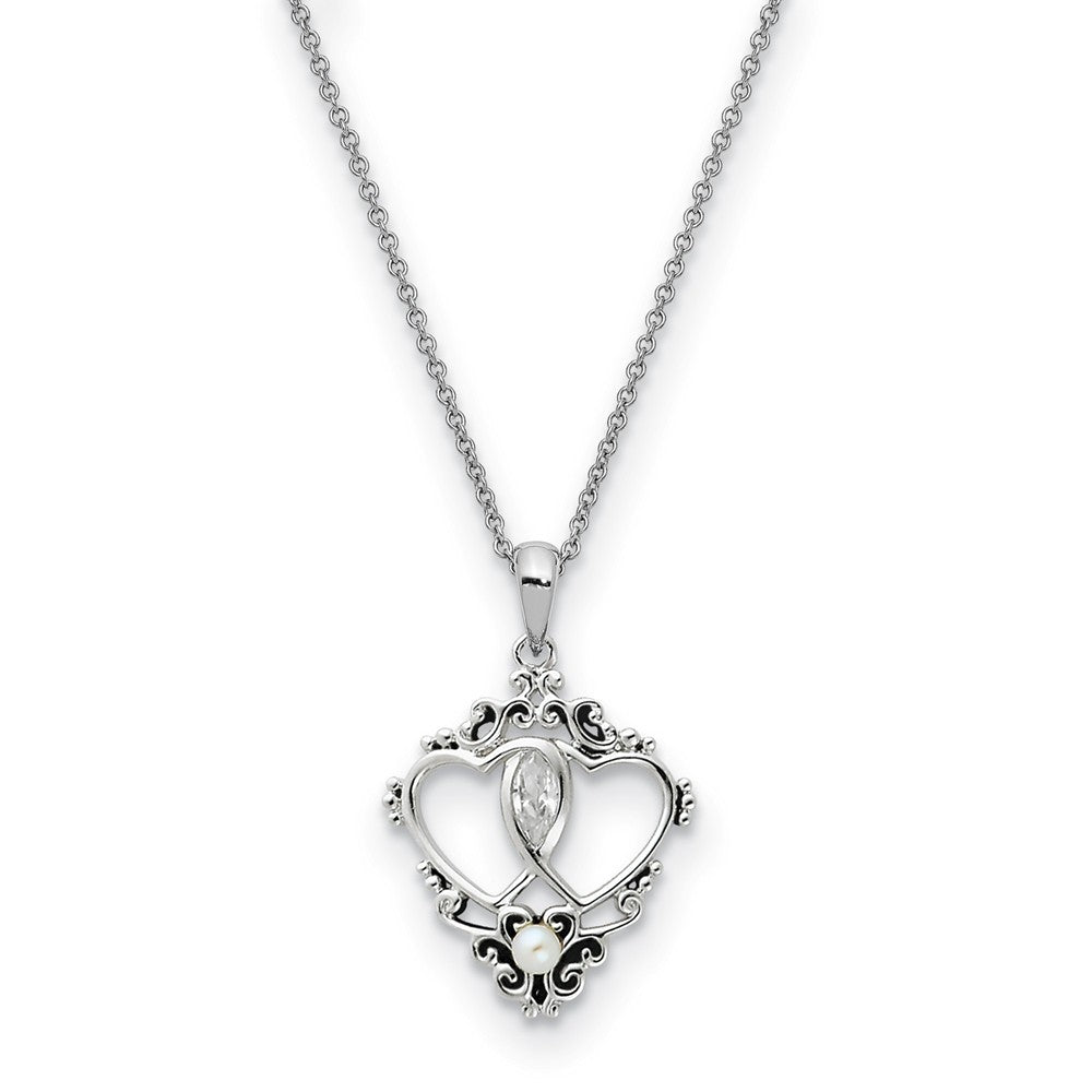 Sterling Silver, FW Cultured Pearl &amp; CZ Two Hearts, One Love Necklace, Item N8694 by The Black Bow Jewelry Co.