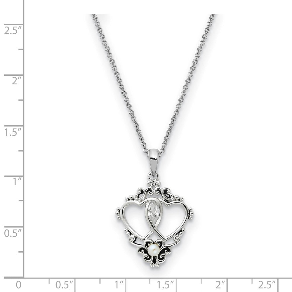 Alternate view of the Sterling Silver, FW Cultured Pearl &amp; CZ Two Hearts, One Love Necklace by The Black Bow Jewelry Co.