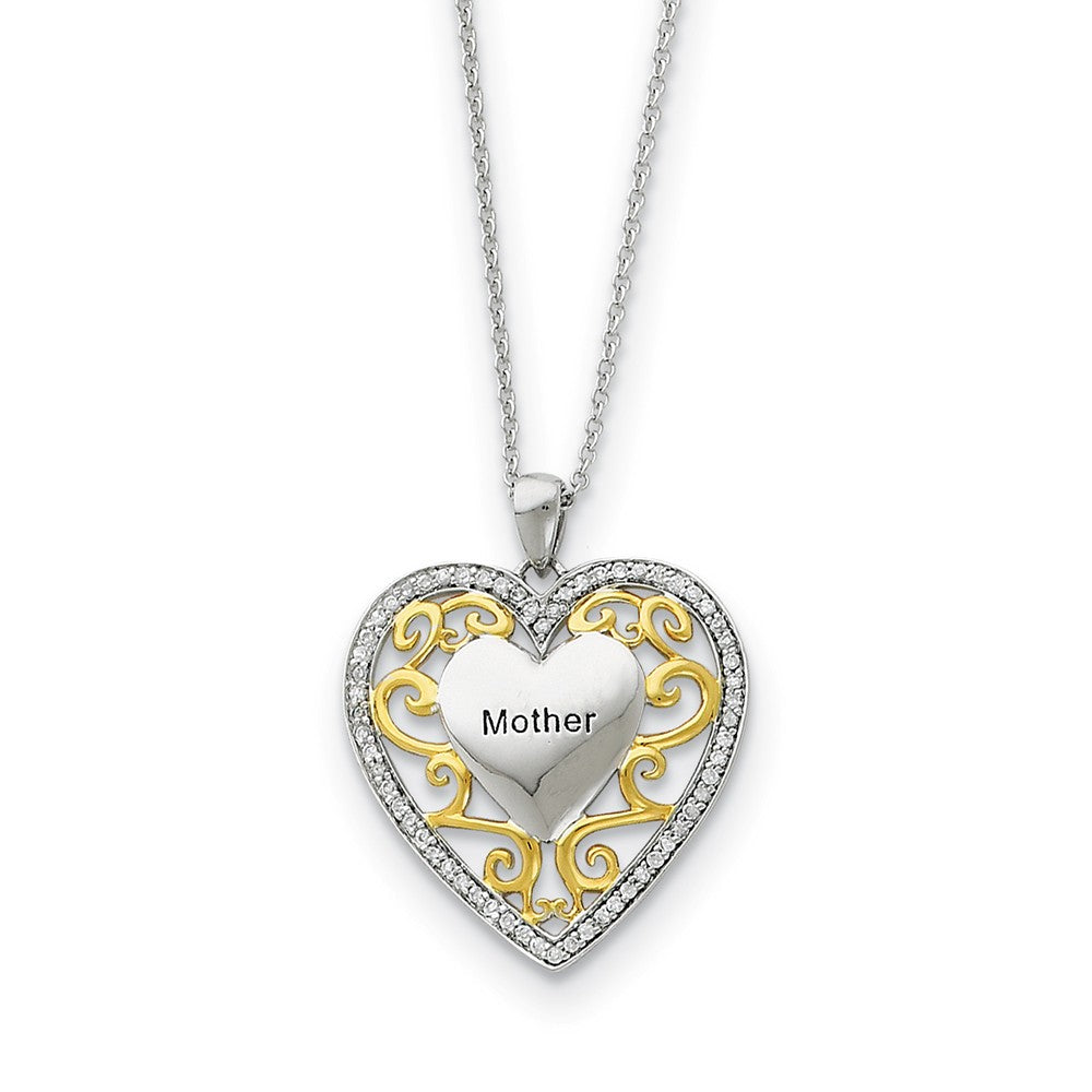 Rhodium &amp; Gold Tone Plated Silver &amp; CZ Mother Heart Necklace, 18 Inch, Item N8721 by The Black Bow Jewelry Co.